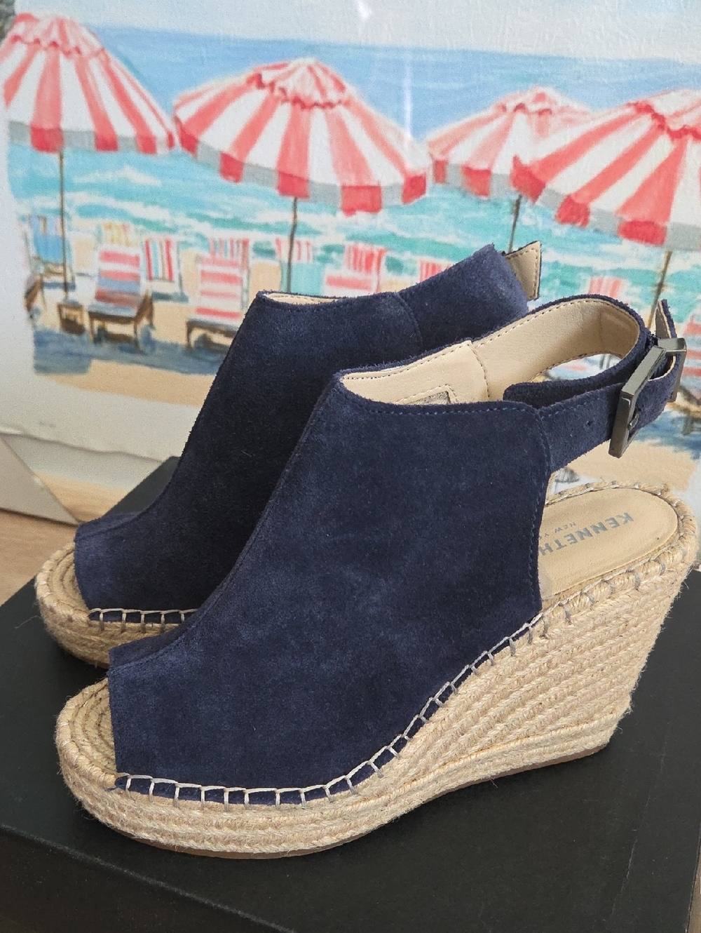 NWT Kenneth Cole Navy Suede Espadrille Wedge Sandals with Jute Platform